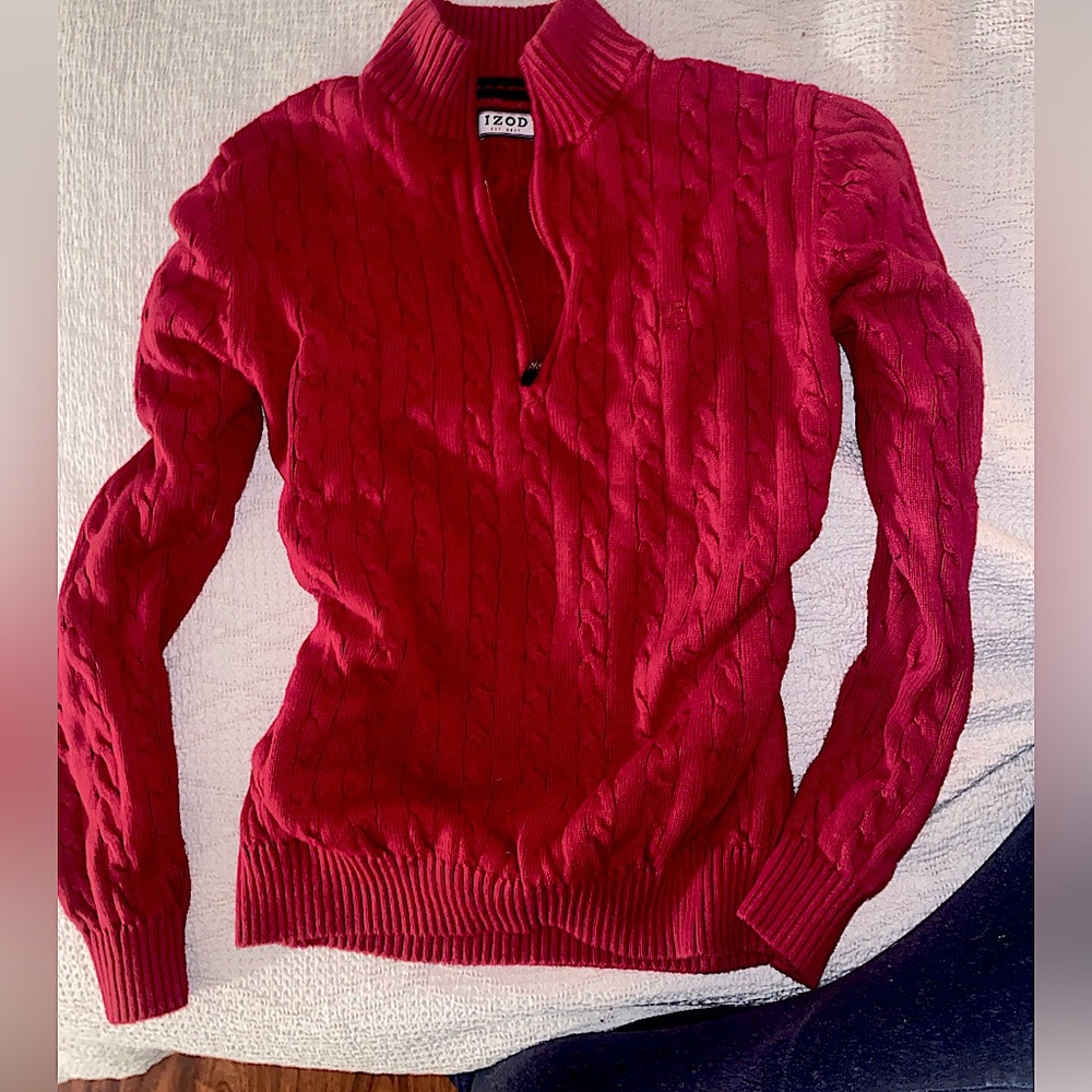 red izod knit sweater crew neck zip